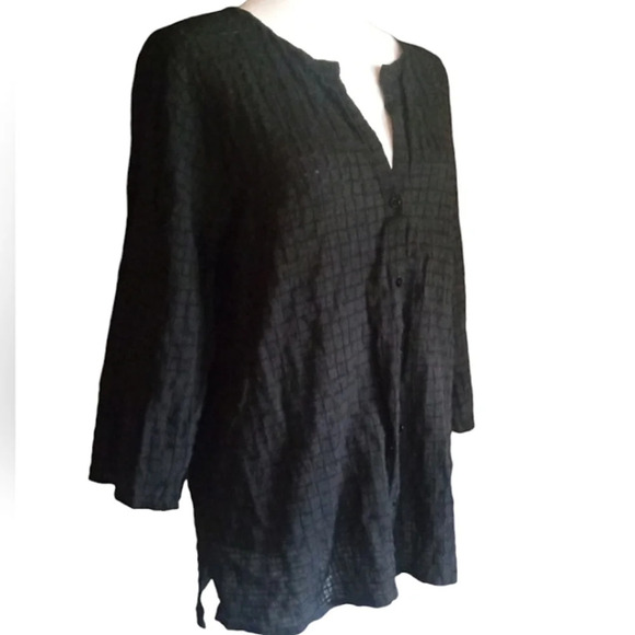 Eileen Fisher Black Grid Texture Organic Cotton Button Front Blouse Size Large - Picture 3 of 7